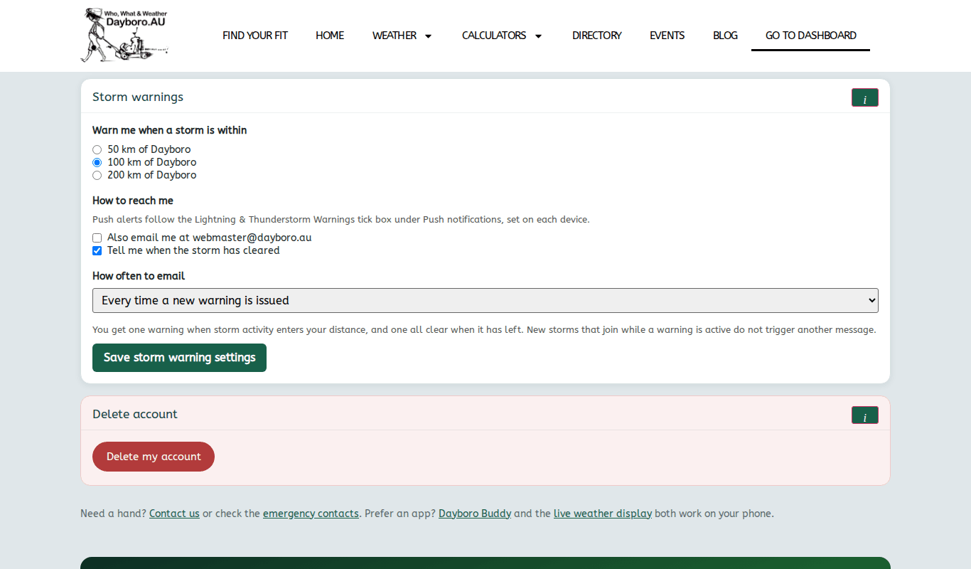 The Storm warnings card with distance choices, email options and the save button