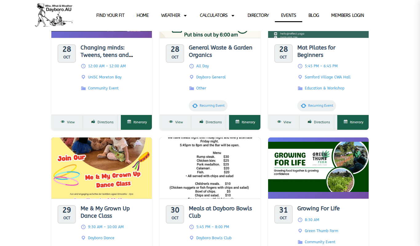 Event cards showing date, time, venue, category and View, Directions and Itinerary buttons
