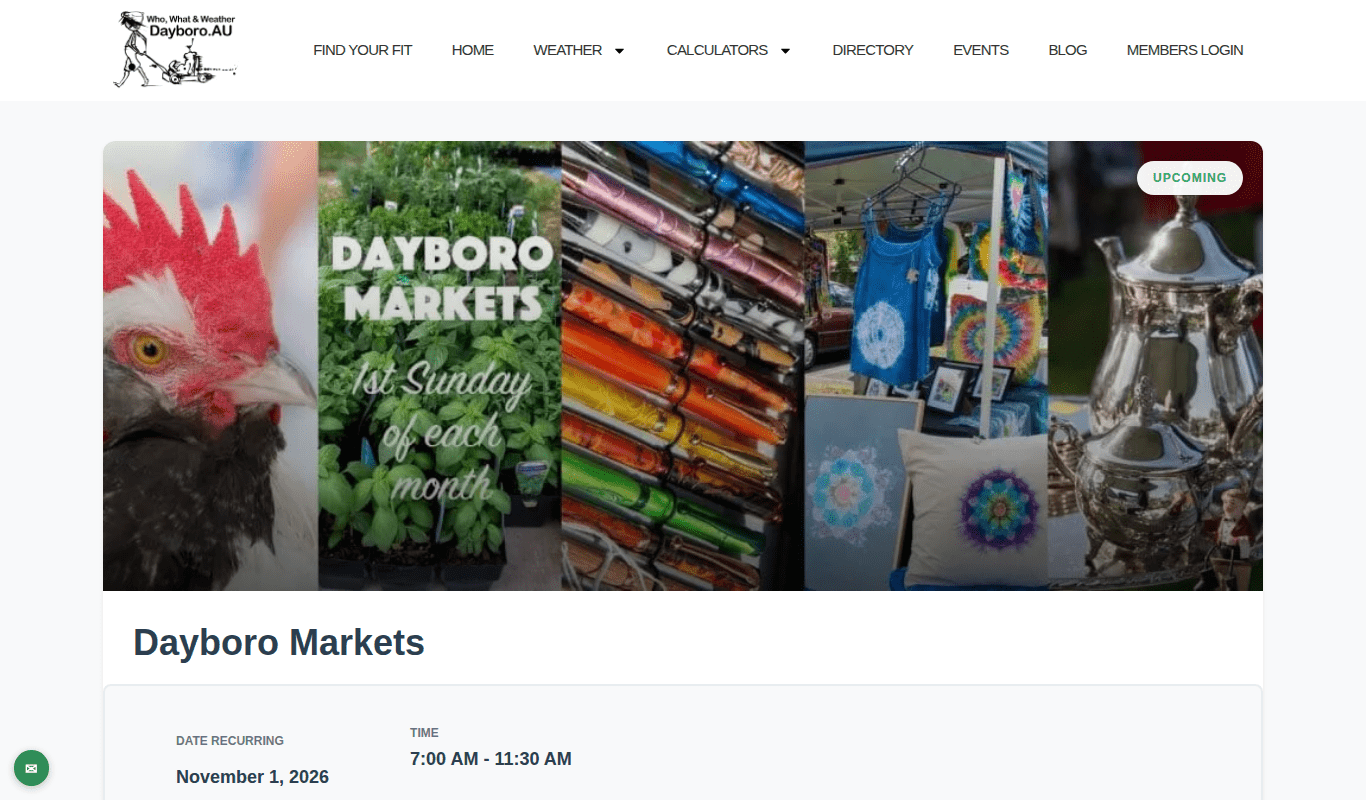 The Dayboro Markets event page with its banner image, title, date and time