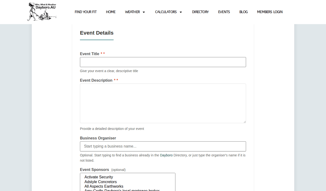 The Event Details part of the submit form with title, description, organiser and sponsors