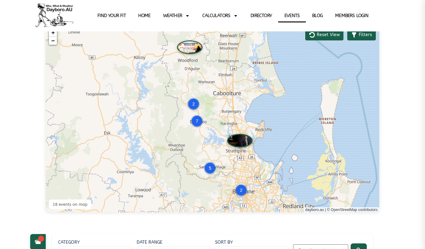 The events map around Dayboro with numbered clusters and the Reset View and Filters buttons