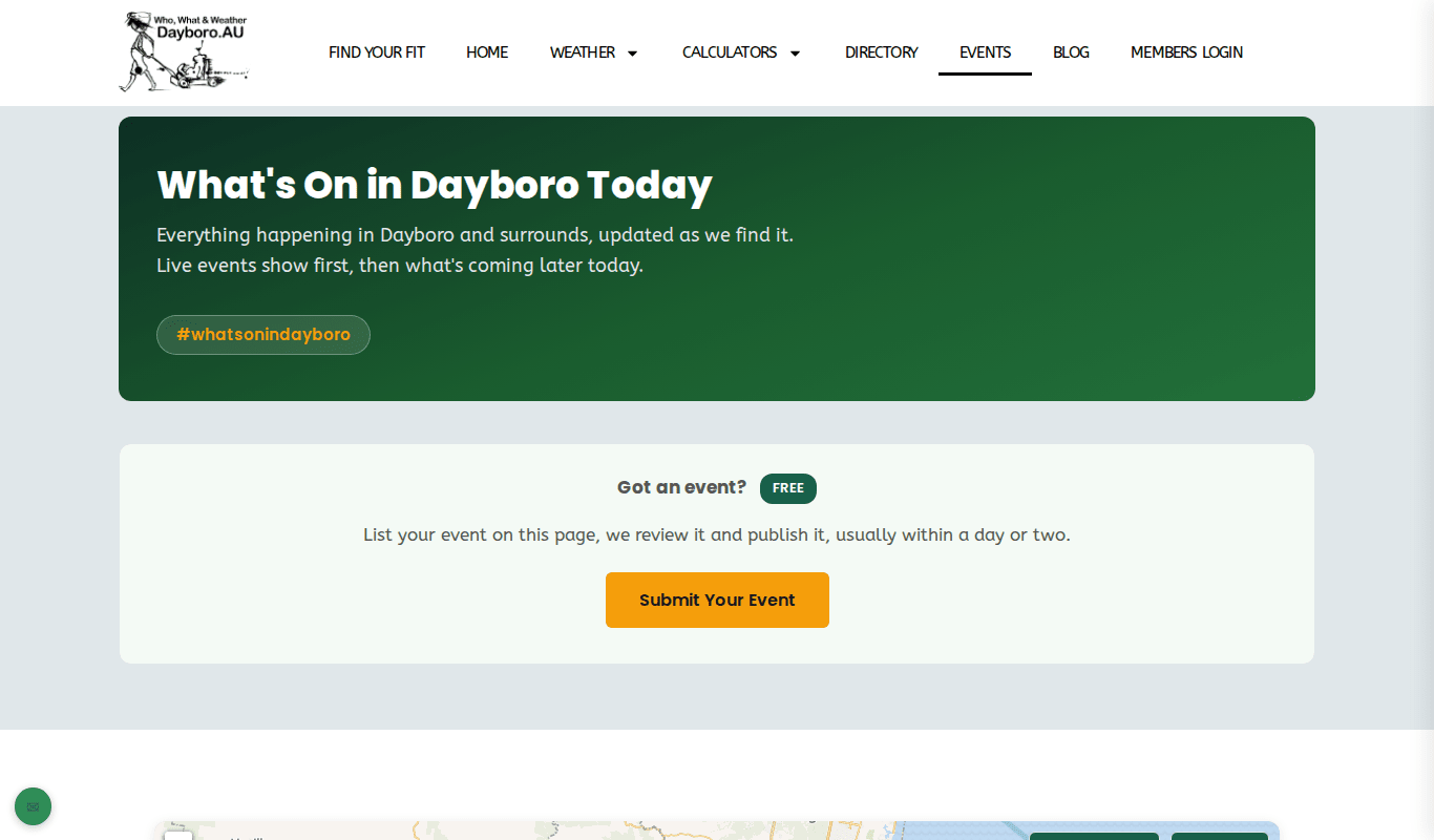 The top of the What's On page with the Submit Your Event box