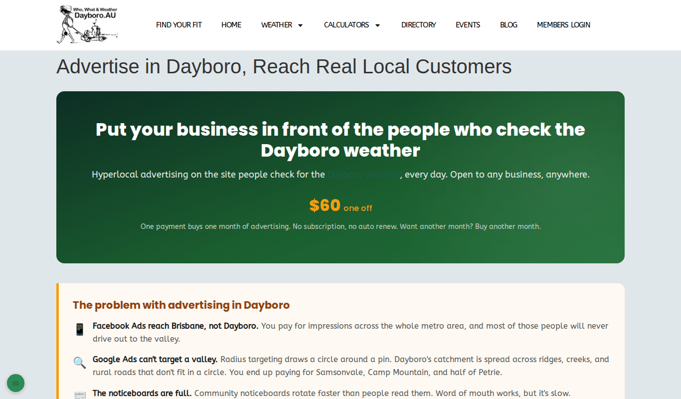 The top of the advertising page with the one off price for one month