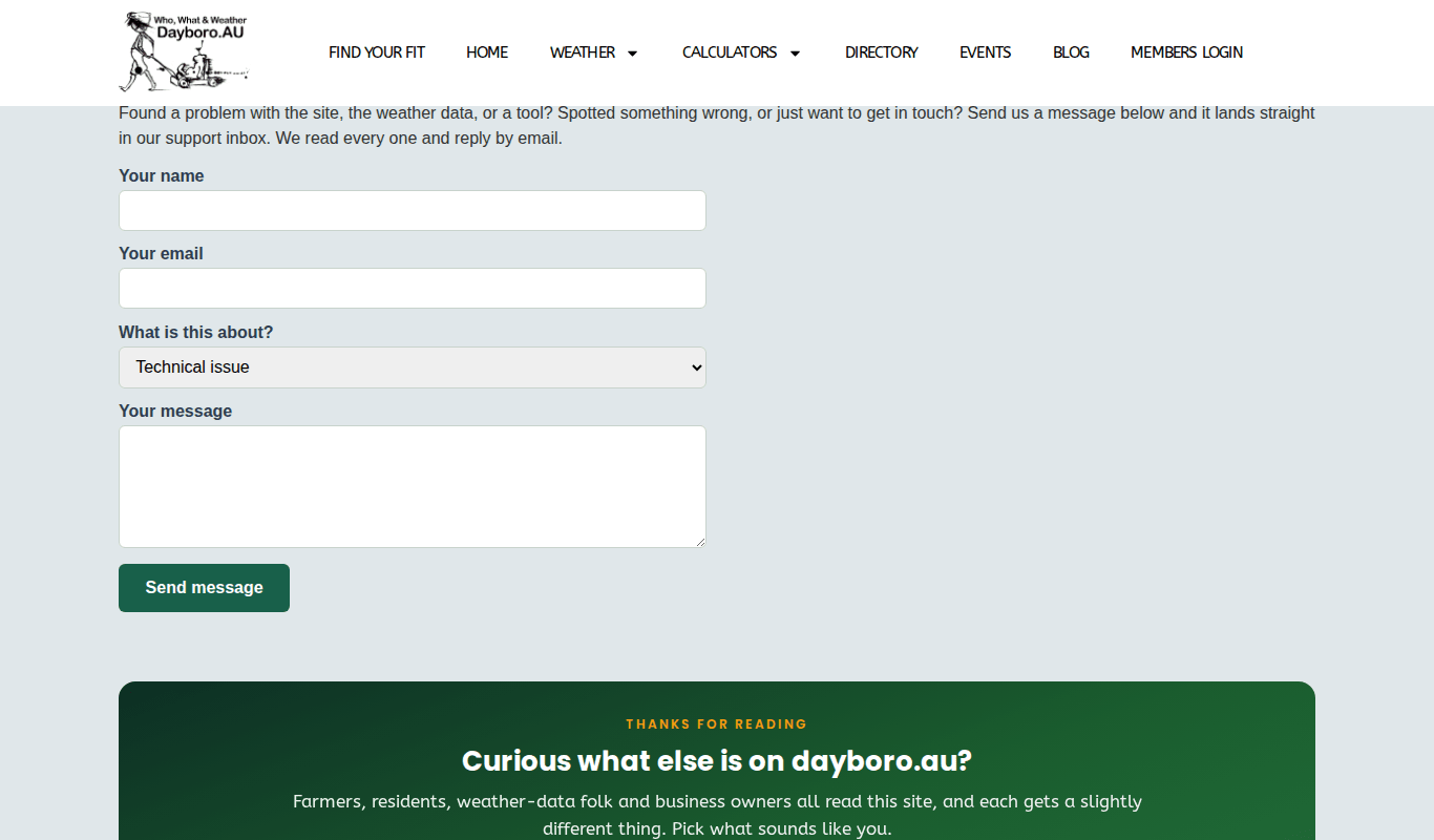 The contact form with name, email, topic list, message box and Send message button