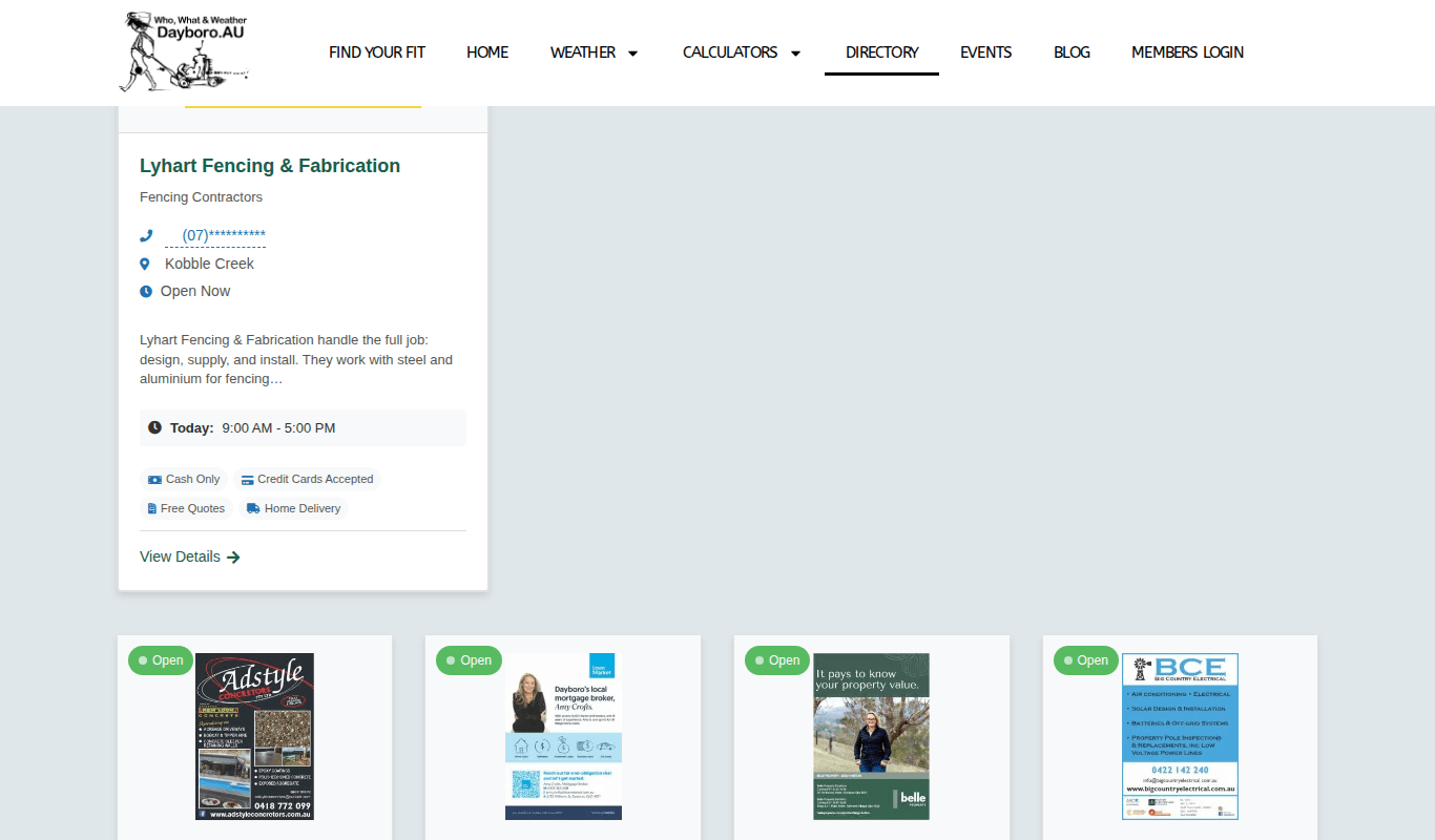 A directory card with category, suburb, opening status, hours, feature tags and View Details