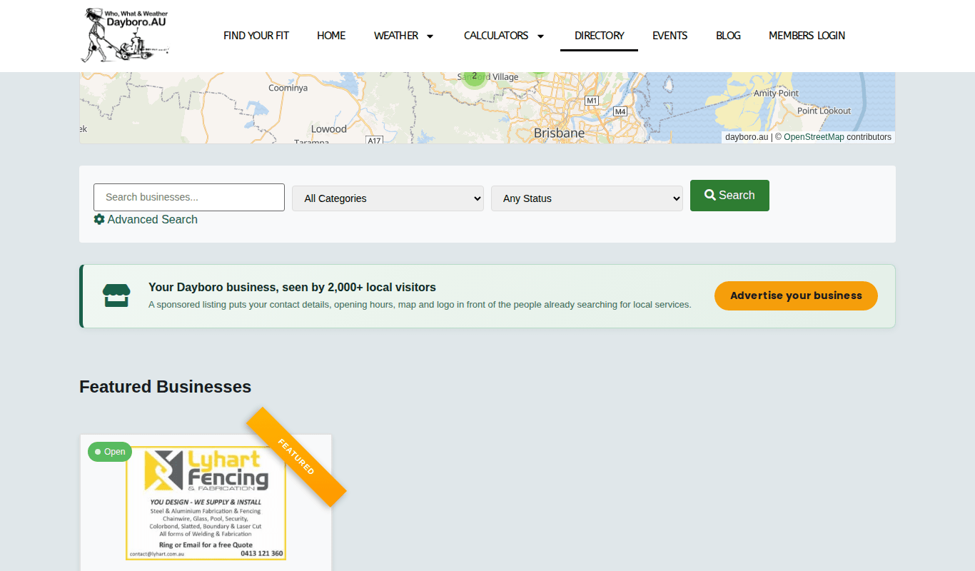 The directory search bar with business search, category and status lists, above the featured businesses