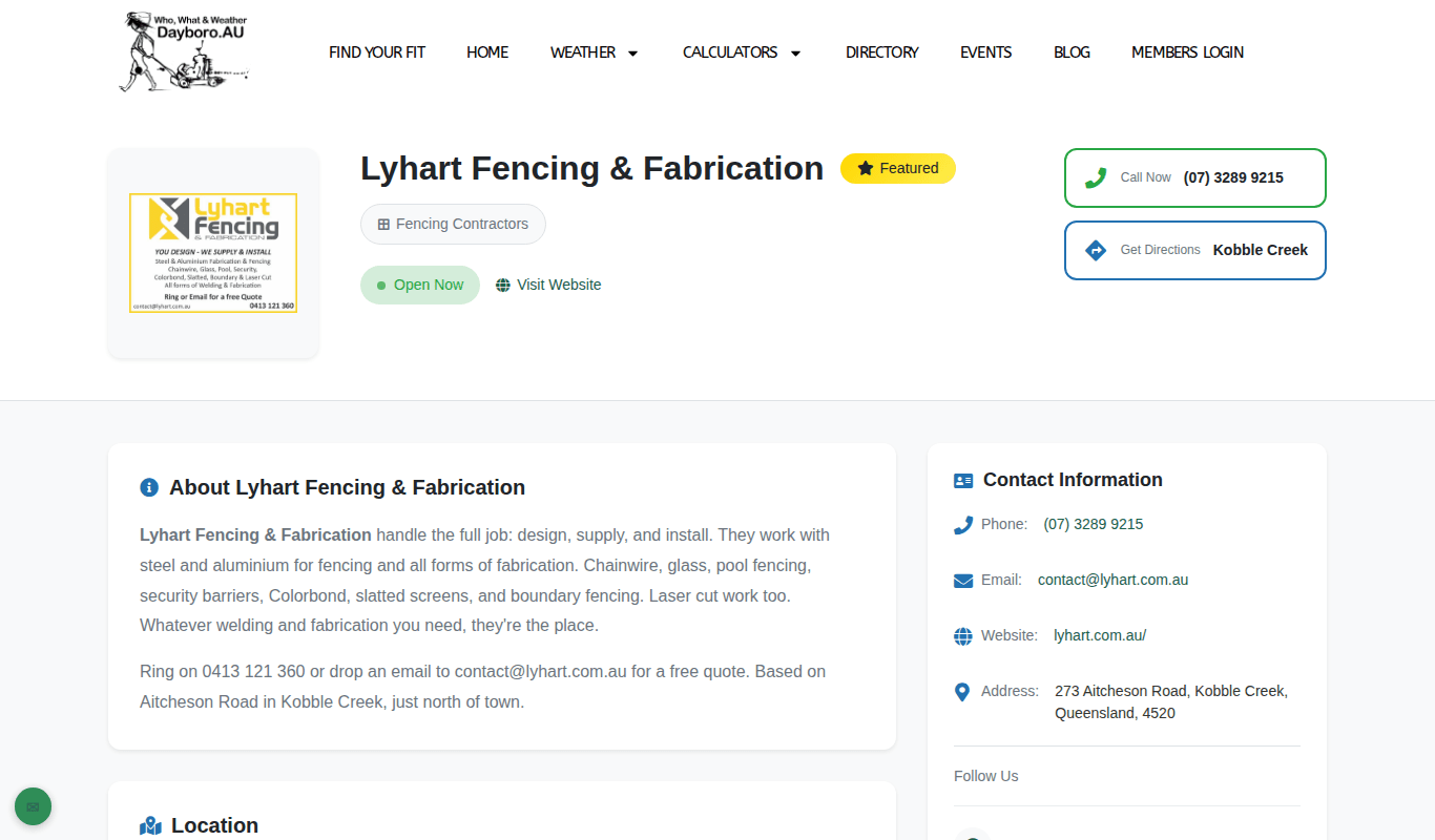A business listing page with Call Now and Get Directions buttons and contact information