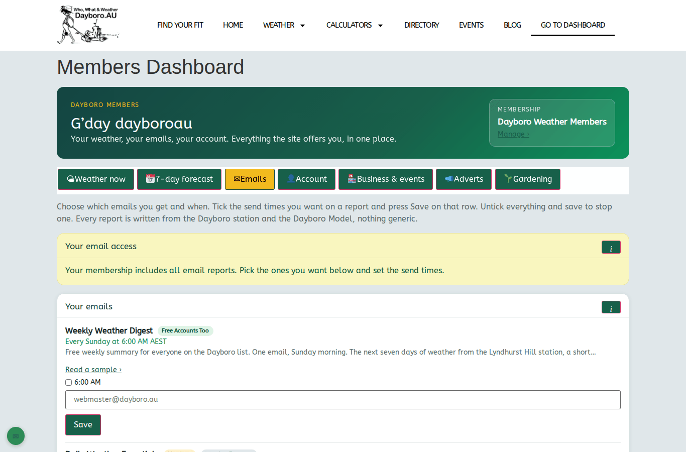 The Emails tab of the Members Dashboard with the Weekly Weather Digest row and its Save button