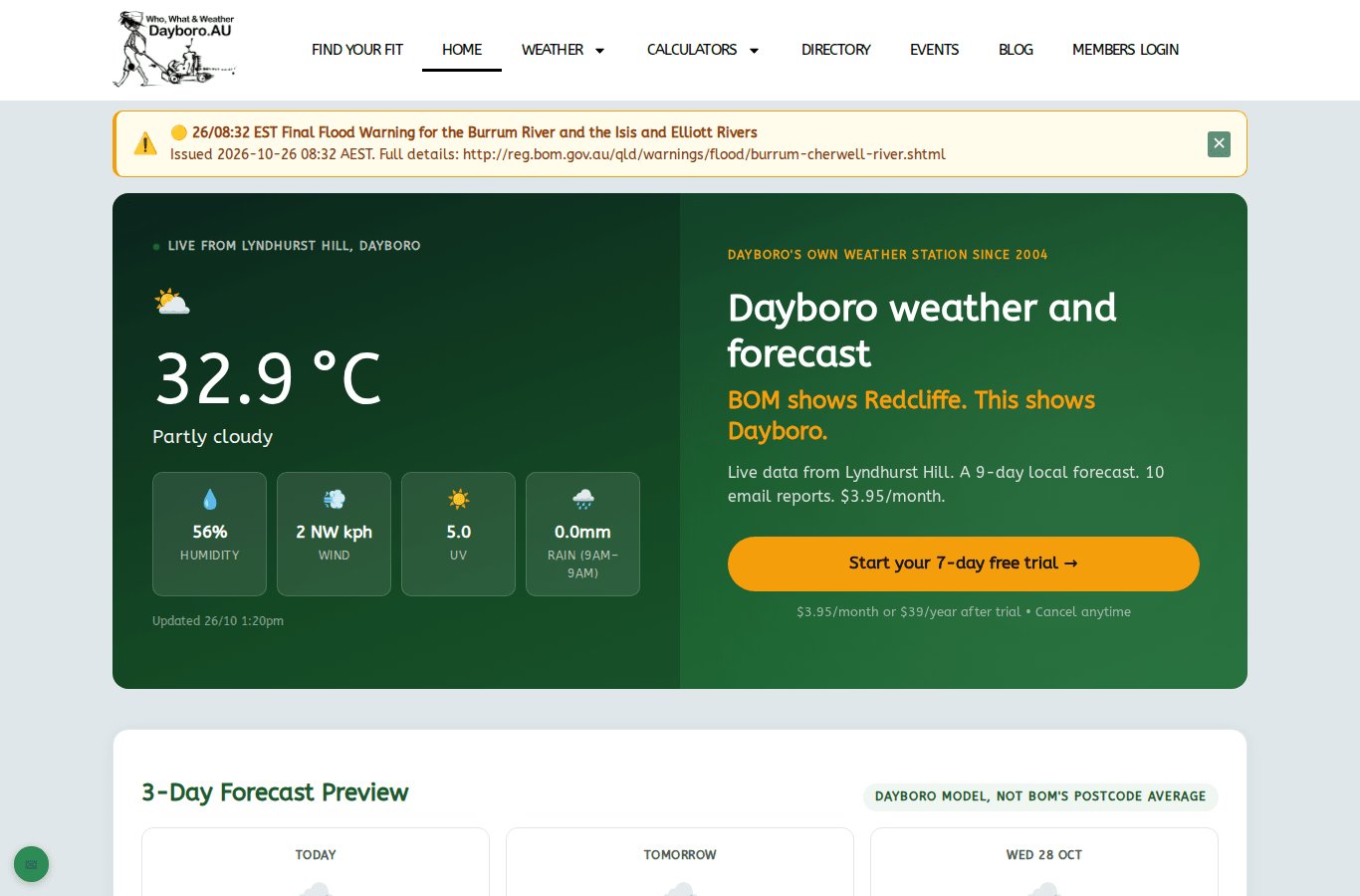 The top of the dayboro.au home page with the main menu across the top