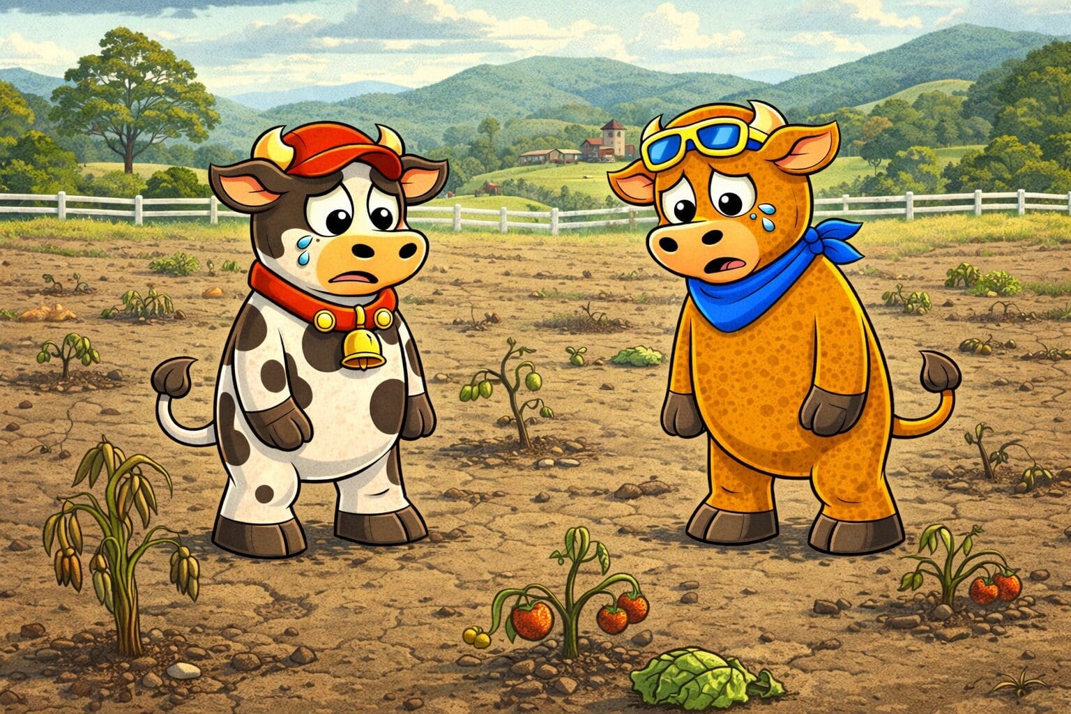 Brown Dayboro cow standing beside an empty fallow Australian paddock with grain silos in the distance
