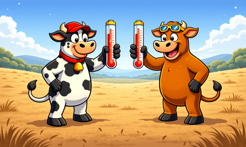Cartoon of Bruce the Holstein and Wally the Brown Swiss standing in a dry Dayboro paddock, each holding up a large glass thermometer, both mercury columns risen to the same height near the top, Bruce eyeing Wallys thermometer suspiciously 2>/dev/null | grep Success
 eval '