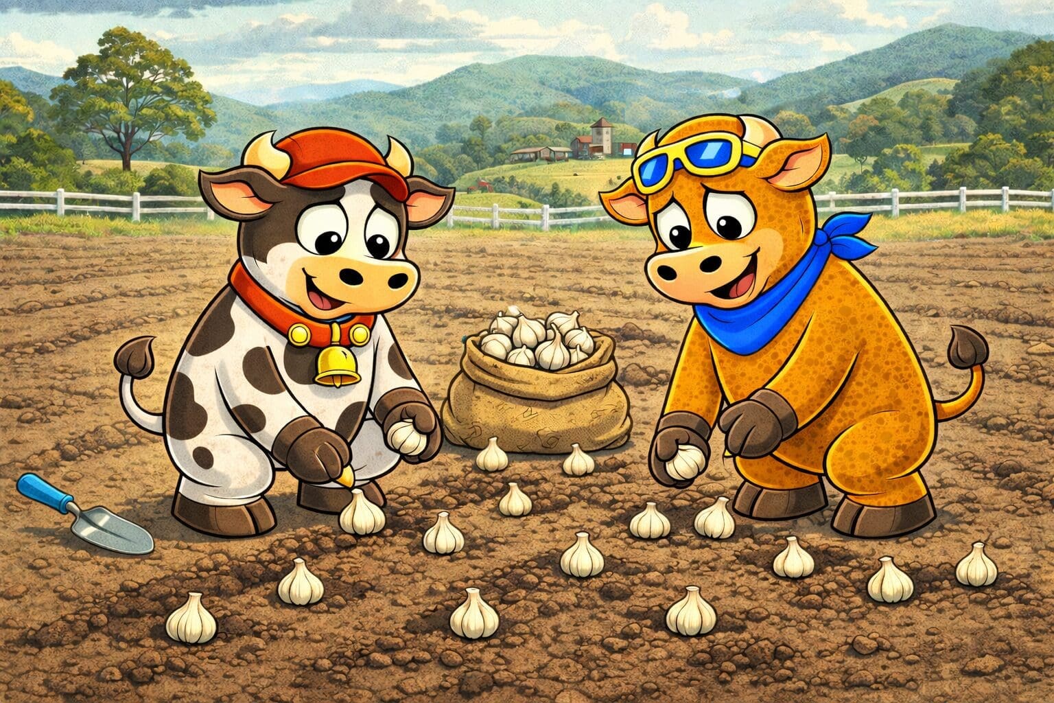 Two Dayboro cows planting garlic cloves in a freshly mulched garden bed in late autumn