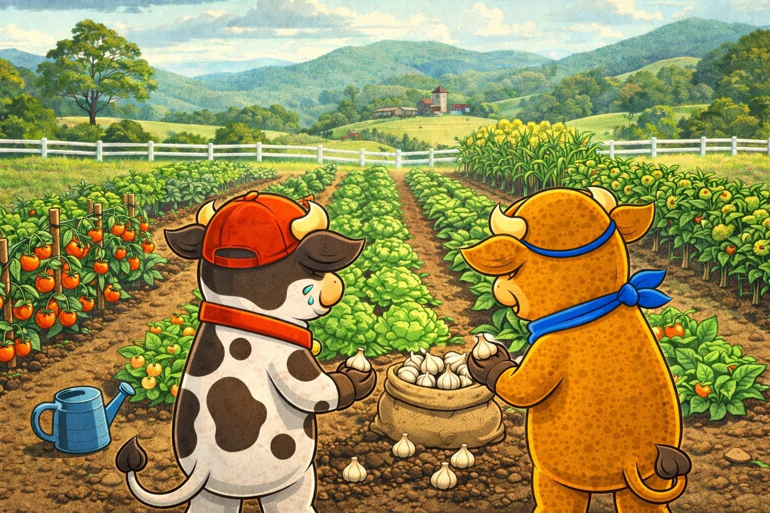 Two Dayboro cows in a thriving autumn vegetable garden in Dayboro with full harvest baskets