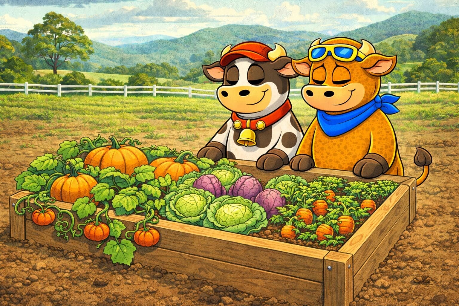 Dayboro cow tending an autumn raised vegetable bed planted with brassicas, lettuce and silverbeet