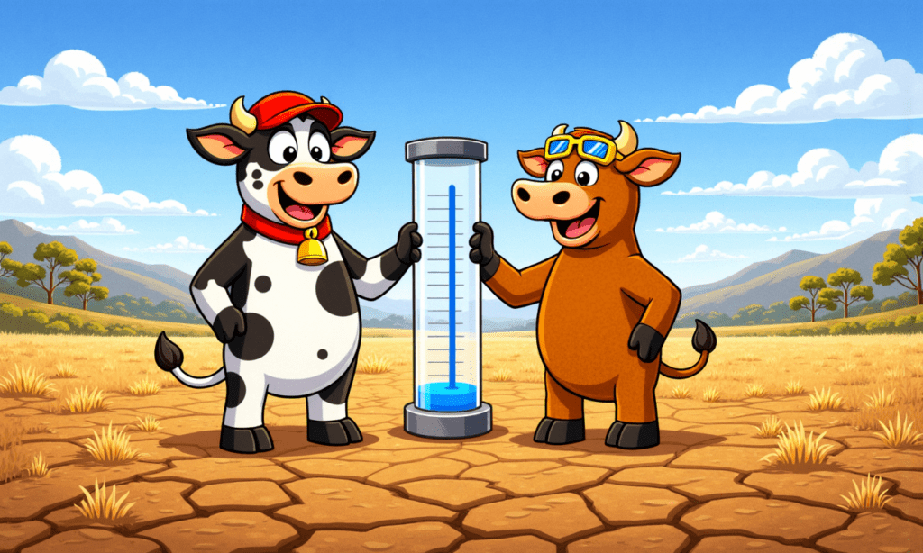 Cartoon cow and bull hold a rain gauge with a little water at the bottom, standing on cracked dry ground under a blue sky