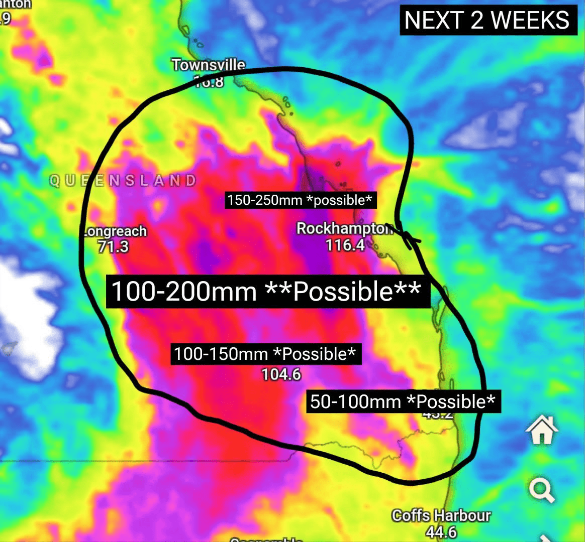 Annotated Queensland rainfall map circulating with possible two-week totals