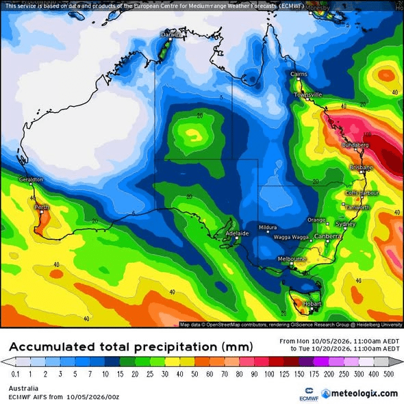 ECMWF AIFS model accumulated rainfall forecast from the 5 October 2026 run