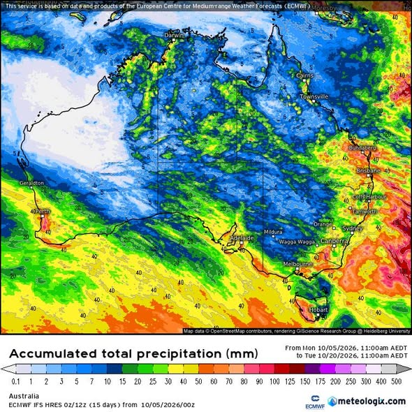 ECMWF IFS model accumulated rainfall forecast from the 5 October 2026 run