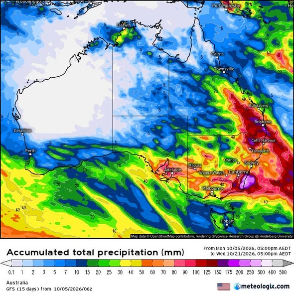 GFS model accumulated rainfall forecast from the 5 October 2026 run